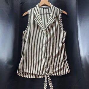 KIM & CAMI Sleeveless Top Womens Large Green Cream Striped Front Knot at Hem